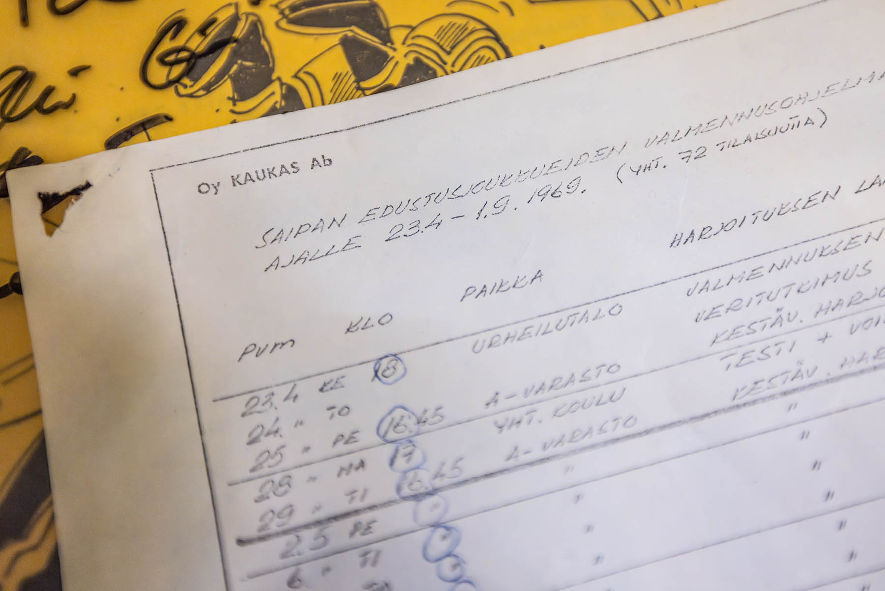 – Tykkään istua täällä mummon vanhassa lökötuolissa ja laittaa vaikka vanhan maalikoosteen pyörimään. Täällä en ikinä murehdi. Marko Mustikainen asuu Lappeenrannassa ja työskentelee käyttäjänä UPM:n Kymin tehtailla Kouvolassa.
Kiekko viime kevään finaalipelistä.
SaiPan harjoitusohjelma 23.4.-1.9.1969. Seura oli pudonnut SM-sarjasta kauden 1968-69 päätteeksi.
SaiPan varmaankin kaikkien aikojen legendaarisin pelaaja on Lalli Partinen. Hän edusti Suomea maajoukkueessa 120 ottelussa ja pelasi kasvattajaseurassaan SaiPassa 1959-1969.
Marko Mustikaisen mielestä Raimo Helminen on tehnyt hienoa työtä SaiPan valmentajana. - Mutta sehän on selvä, että Raipe on sydämeltään Ilveksen mies, Mustikainen toteaa. Helminenkin on aikonut tulla tutustumaan kokoelmaan.